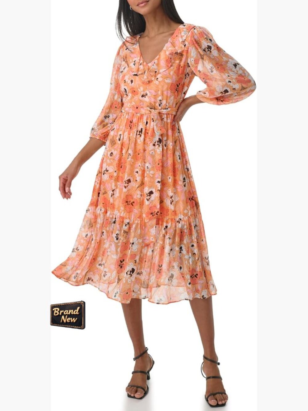 Floral Ruffle Midi Dress 3/4 Sleeve Scoop Neck A-Line Polyester Casual